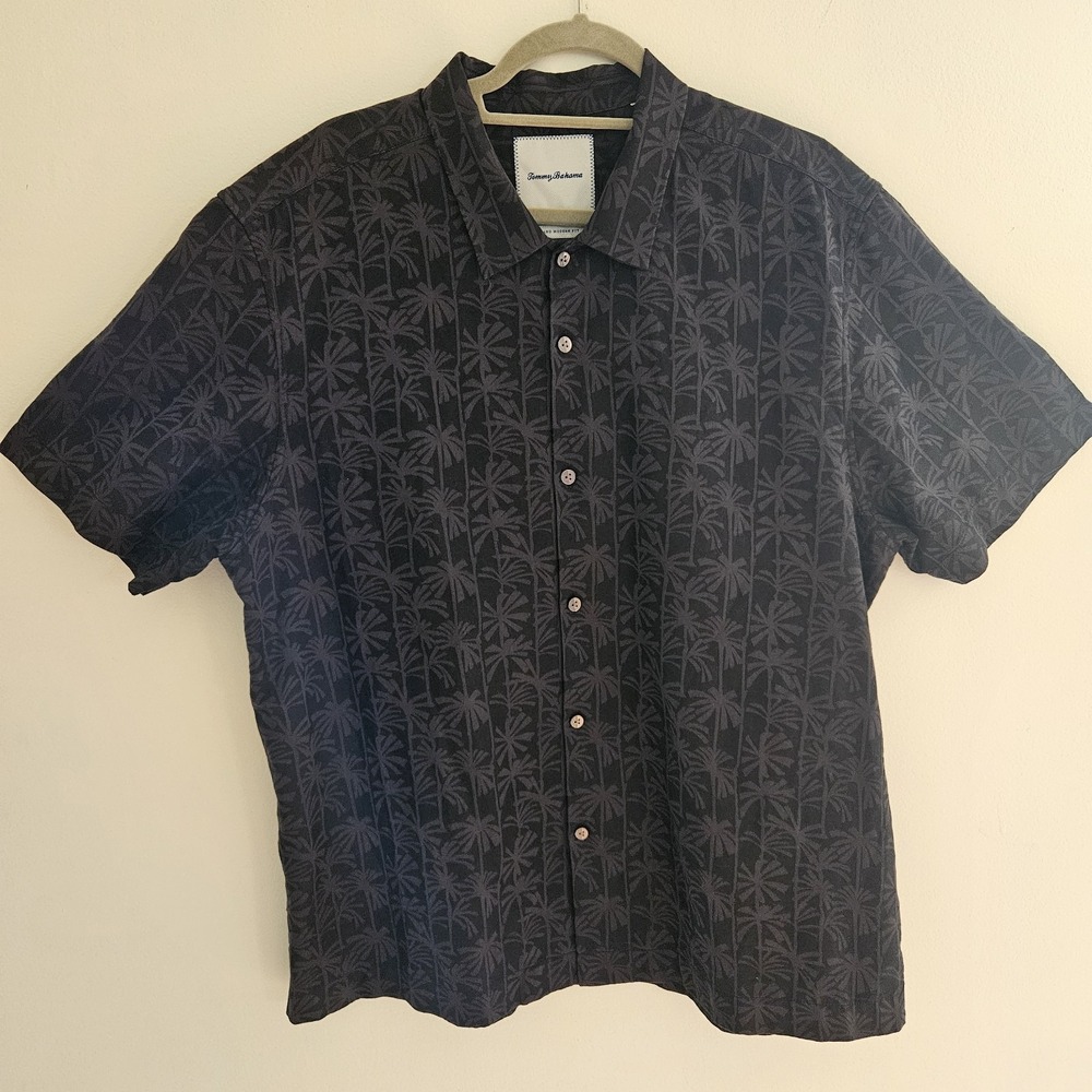 Tommy Bahama Silk Cotton Shirt Men L Black Palm Tree Short Sleeve Button Down